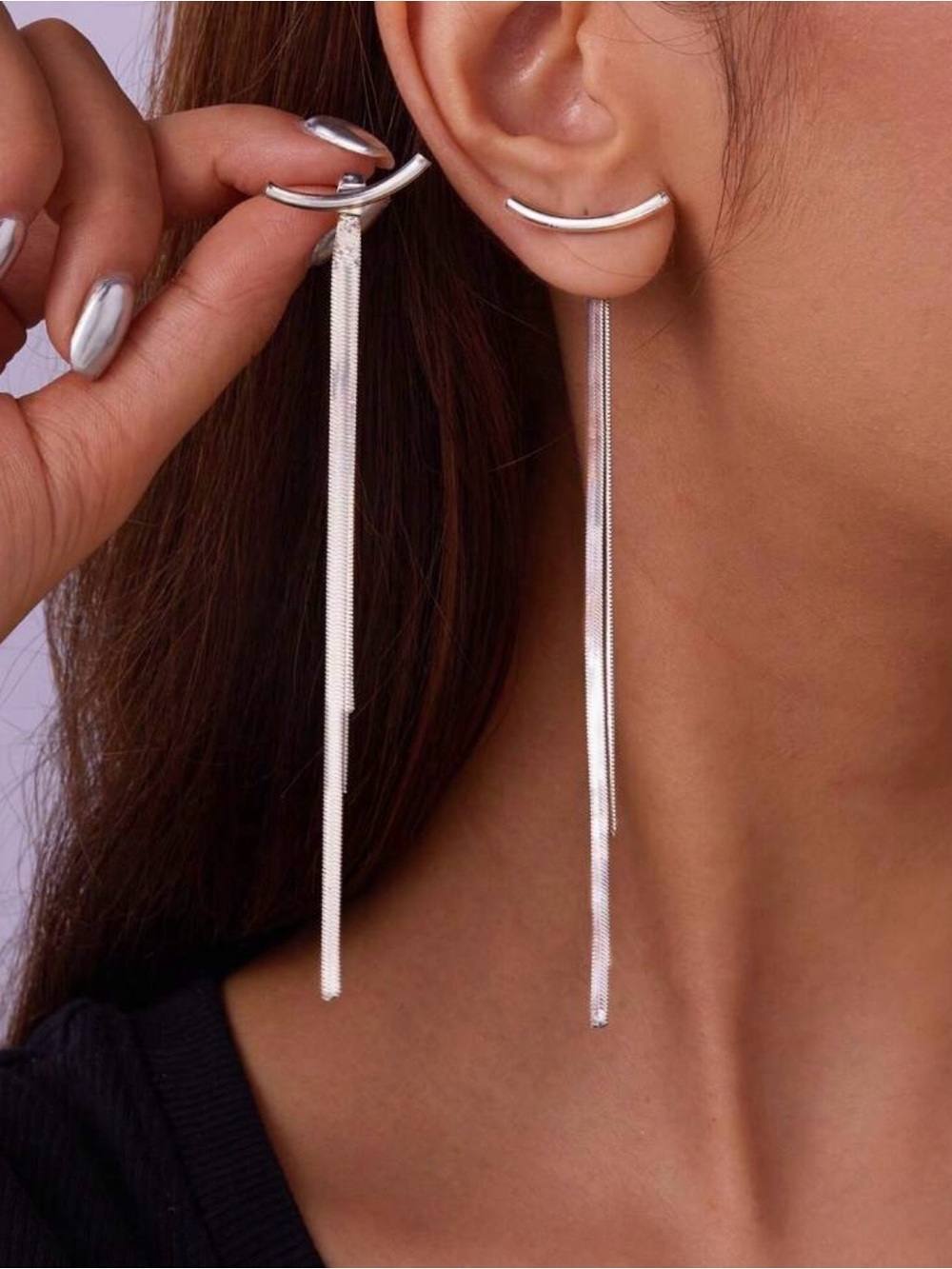 Silver t-bar earrings with long, thin, metallic fringe